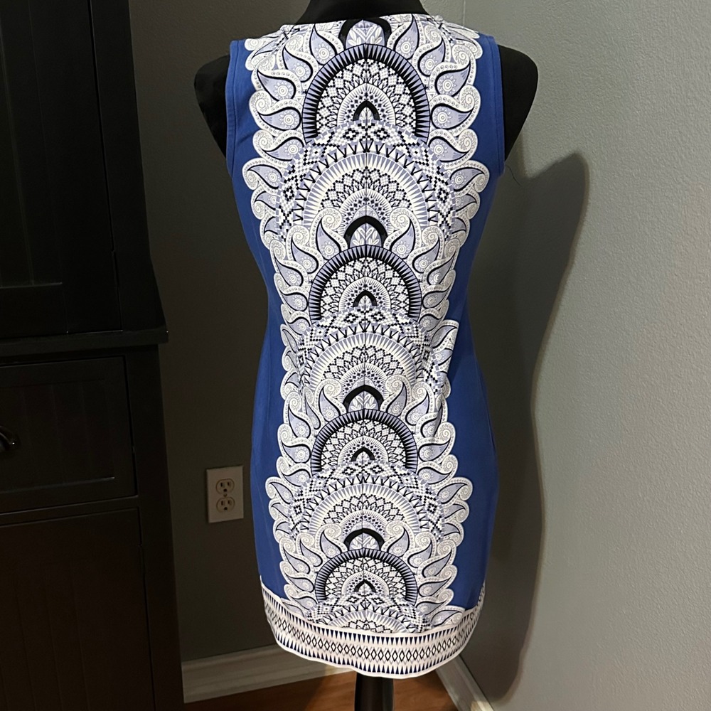 New York & Company Dress Small Blue White Cotton Sheath Boho Geo Print - Picture 4 of 8